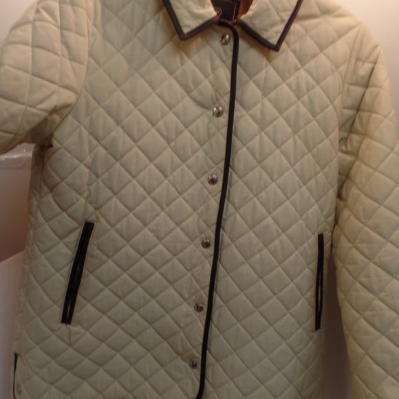 Coach Women's Bone Colored Quilted Puffer Jacket W Brown Leather Trim Snap Up S - Picture 2 of 10